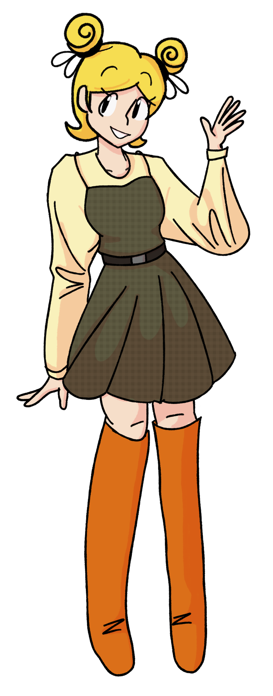 A large-scale artwork depicting a human of Japanese enthnicity named Mikachu. She is in her early 20's, and has short blonde hair tied up into twin buns. Her skin is pale, and she has black, rounded anime-like eyes. She wears a cream long-sleeve shirt with dolman sleeves, and a brown plaid summer dress over the top. In the middle of her dress is a black belt with a silver buckle. Her dress ends in a pleated style above her knees, and she wears long, orange, sock-like boots that reach to just below her knees.
