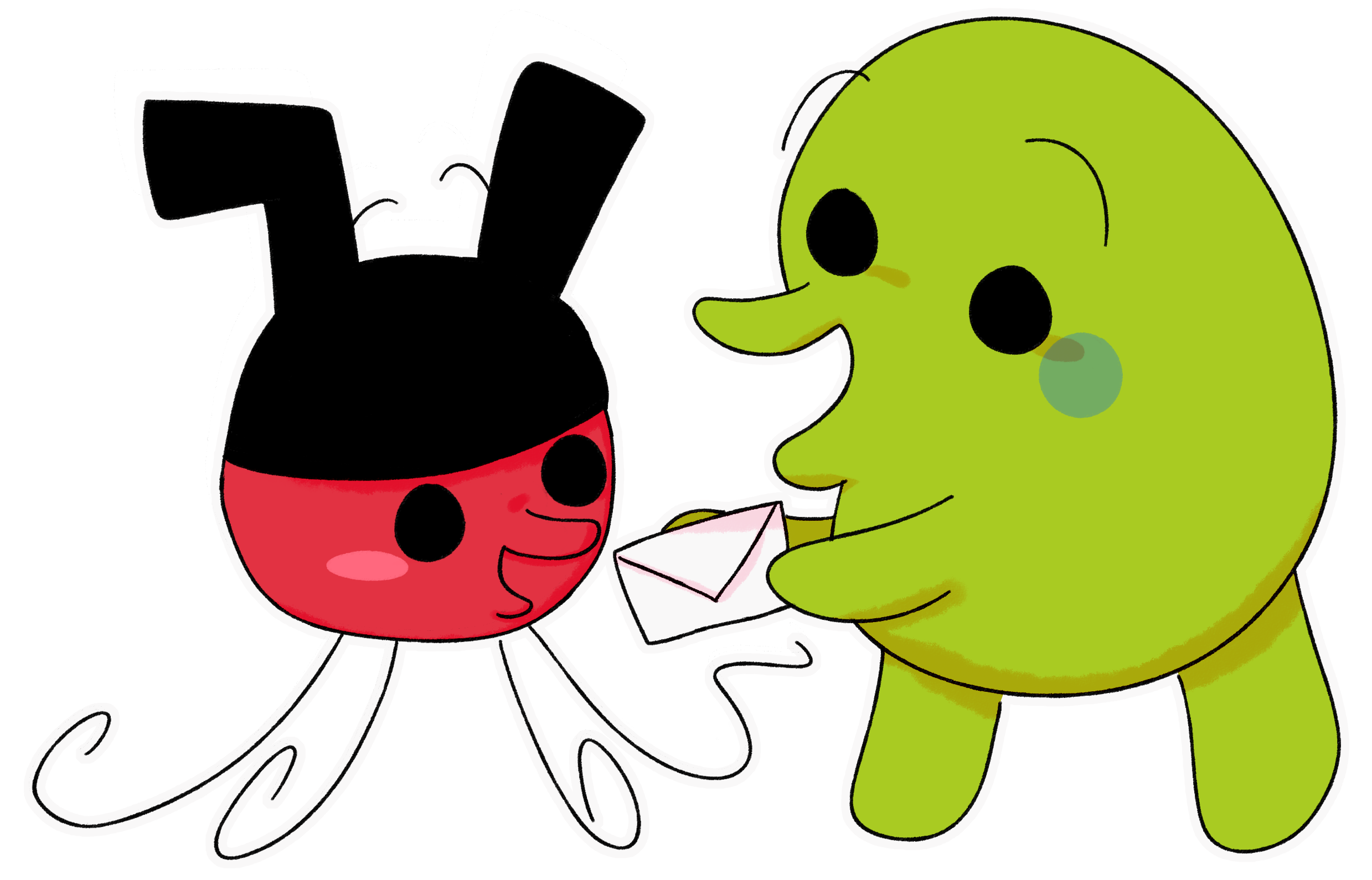 Artwork depicting the characters Takotchi and Kuchipatchi excitedly admiring an envelope.