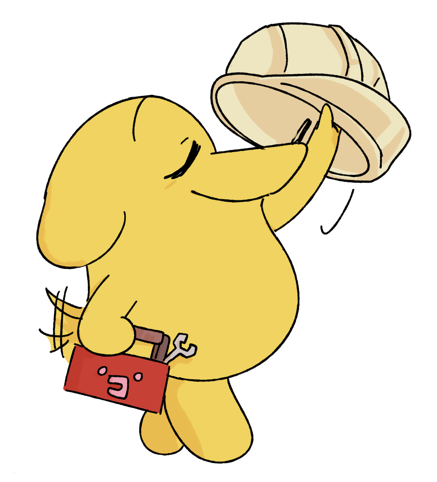 Artwork of the character Potchitchi, carrying a toolbox. They are partially in the middle of lifting up a hardhat to put on their head.