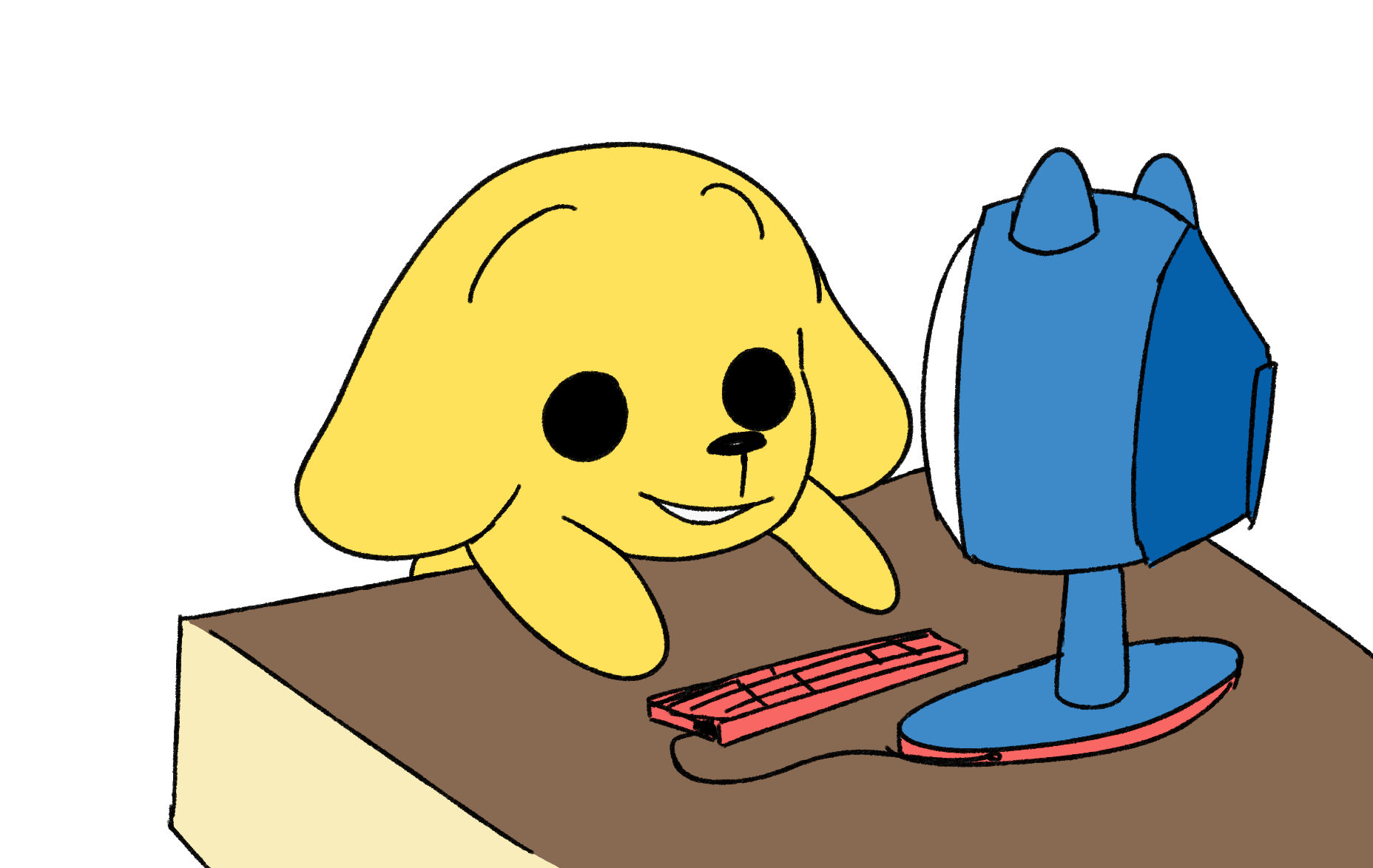 pochitchi sitting at a desk in-front of a tamagotchi-styled computer.
